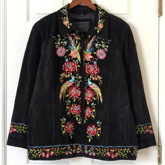 Avanti Colorful Birds & Floral Embroidered Genuine Suede Leather Jacket Black 1X - Picture 1 of 13